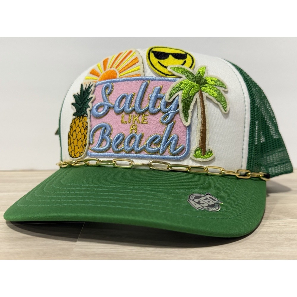 430 Salty Like A Beach Trucker Hat Green Embroidered Chain Snapback NWT